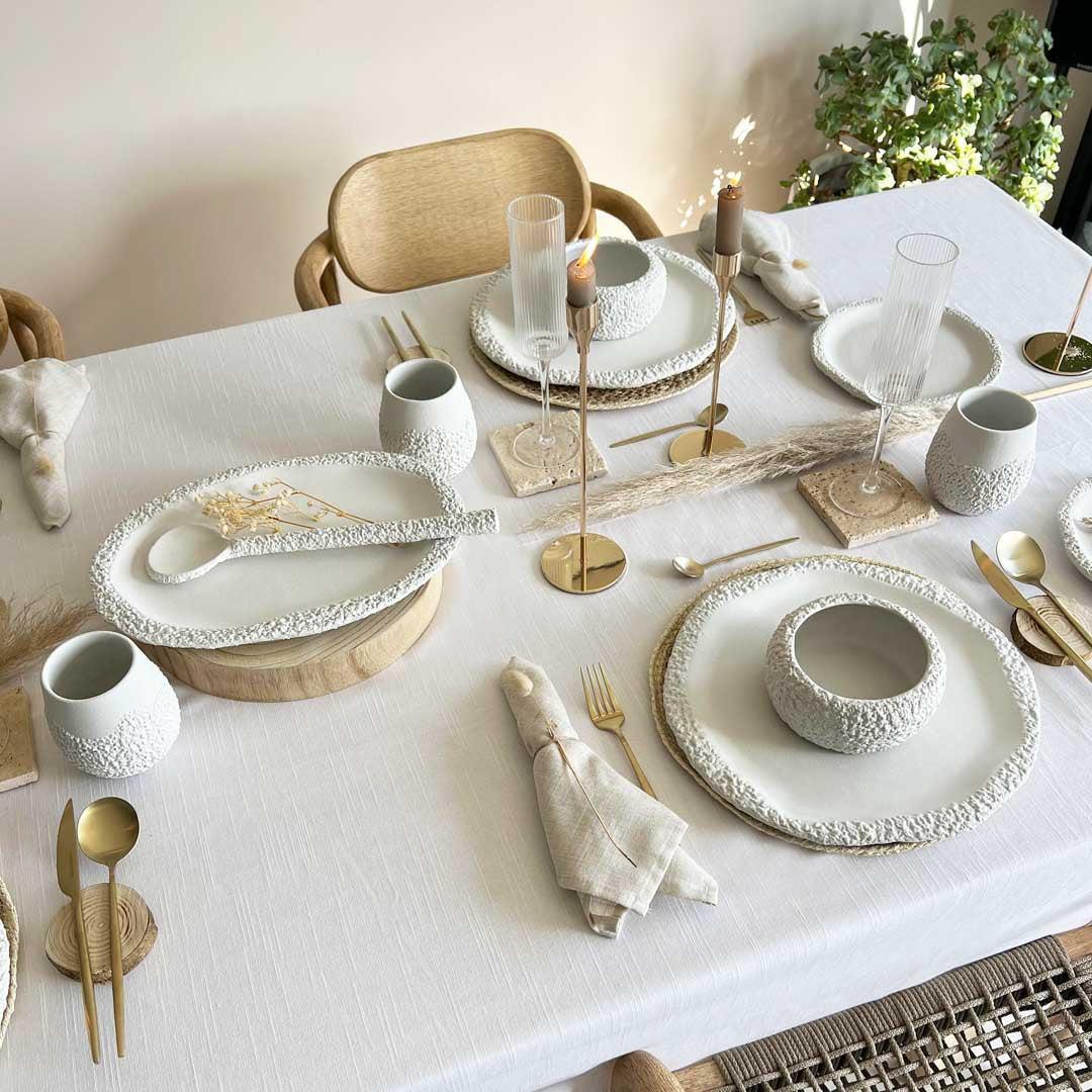 White Textured Ceramic Dinnerware Set - Coral Collection - Koti London