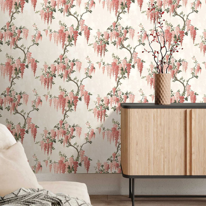 Wisteria Botanical Wallpaper - Coral
