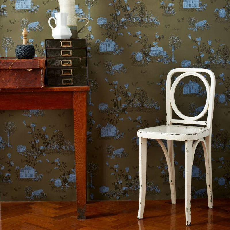 Woodlands Classic Wallpaper - Khaki Blue - Sian Zeng