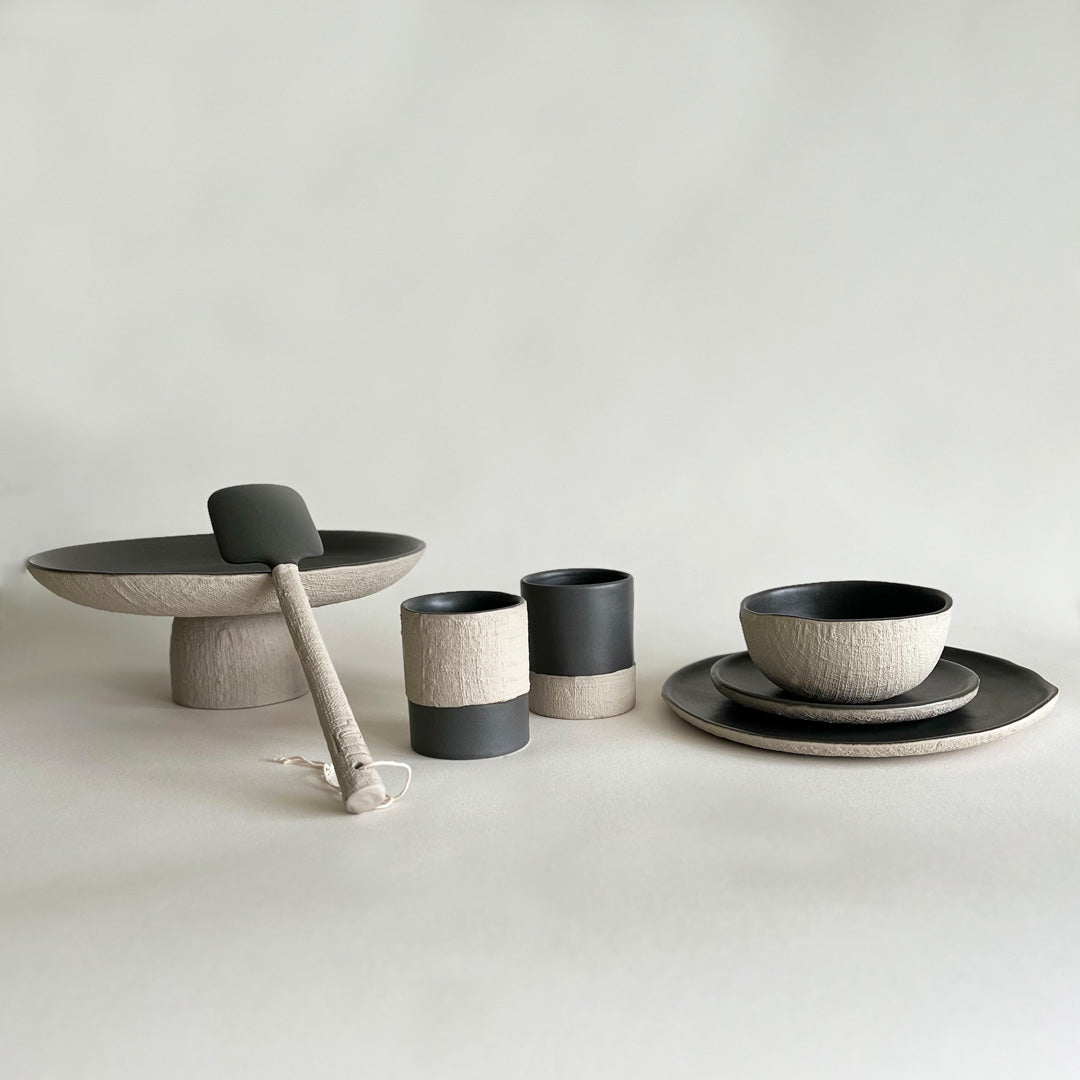 YUTA Ceramic Dinnerware Set - Beige and Charcoal - Koti London