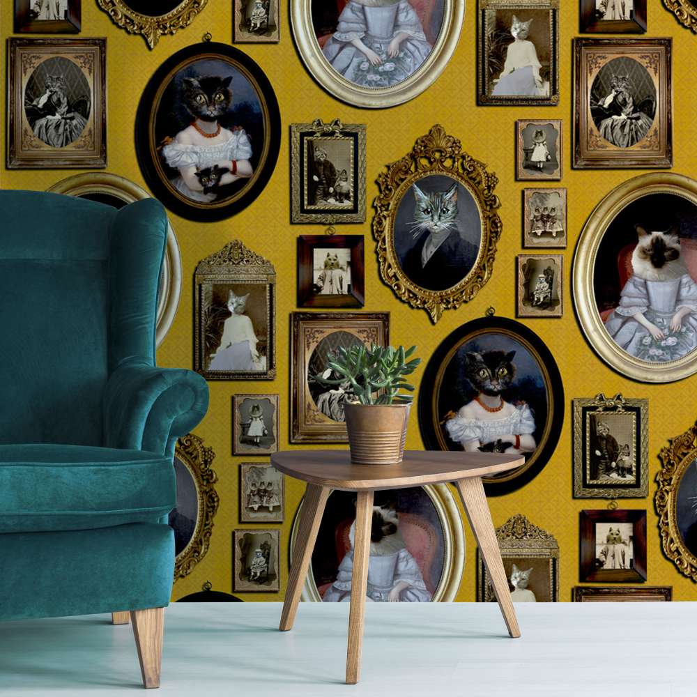 A Cavalcade of Cats Wallpaper - Mustard - Graduate Collection