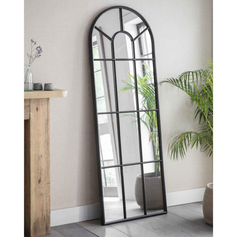 Black Arched Window Pane Outdoor Mirror