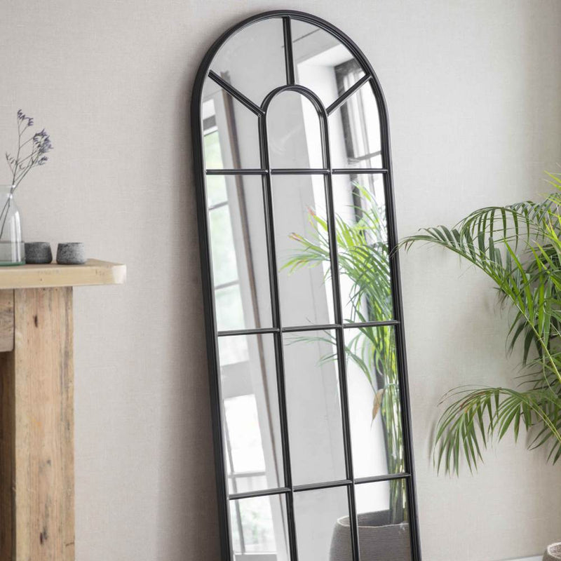 Black Arched Window Pane Outdoor Mirror