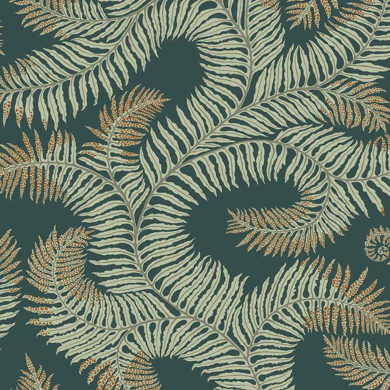 Bombe's Fernery Wallpaper - Teal & Orange Highlights - Josephine Munsey