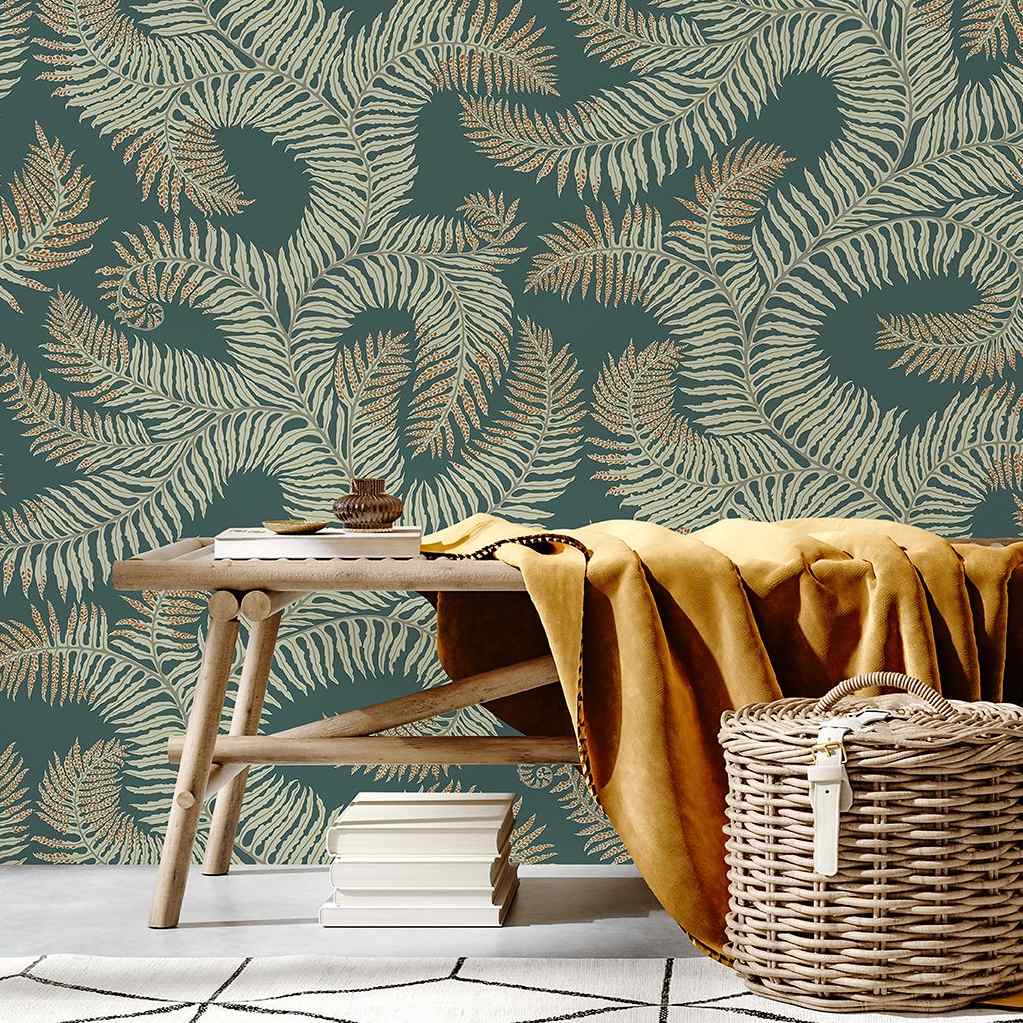 Bombe's Fernery Wallpaper - Teal & Orange Highlights - Josephine Munsey