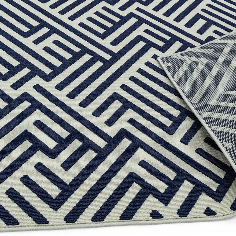 Geometric Linear Outdoor Rug - Blue & White