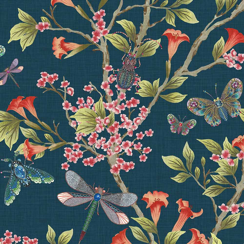 Jewel A Flutter Wallpaper - Indigo and Red - Brand Mckenzie