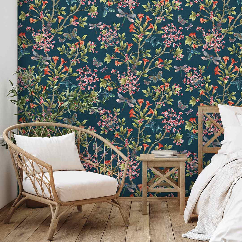 Jewel A Flutter Wallpaper - Indigo and Red - Brand Mckenzie