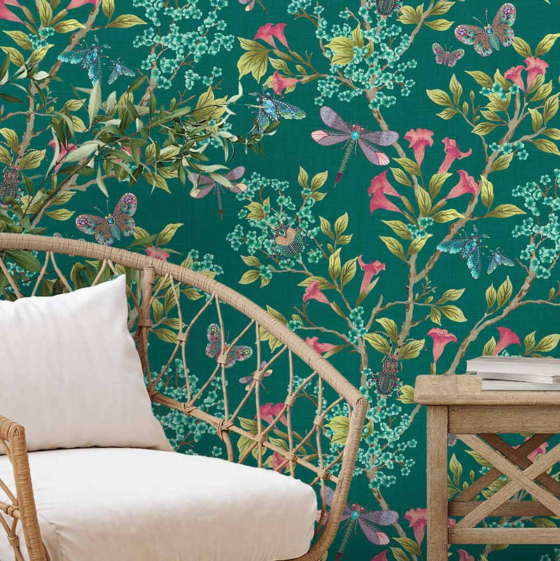 Jewel A Flutter Wallpaper - Teal and Coral - Brand Mckenzie