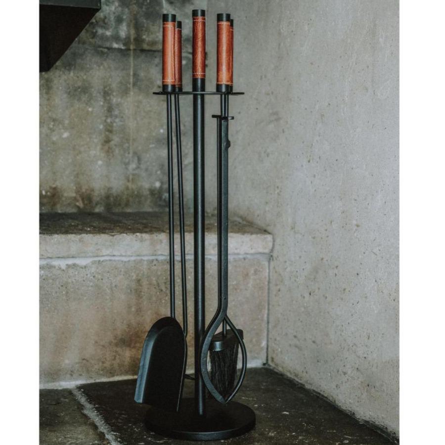Leather Handled Fireside Companion Set - Black