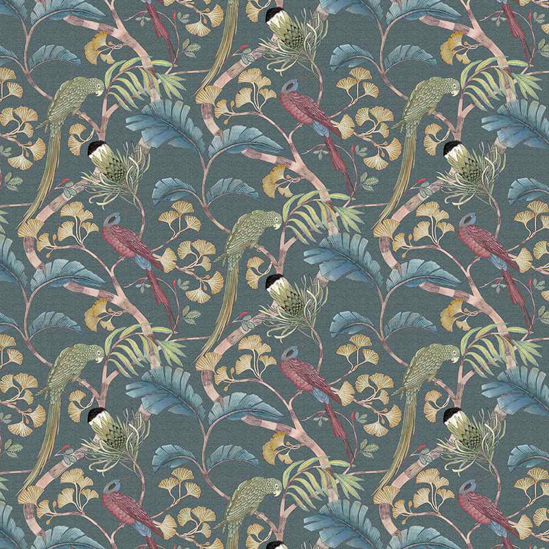 Living Branches Pure Linen Fabric - Dark Teal, Yellow and Olive - Josephine Munsey