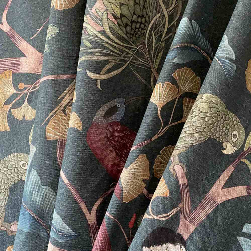 Living Branches Pure Linen Fabric - Dark Teal, Yellow and Olive - Josephine Munsey