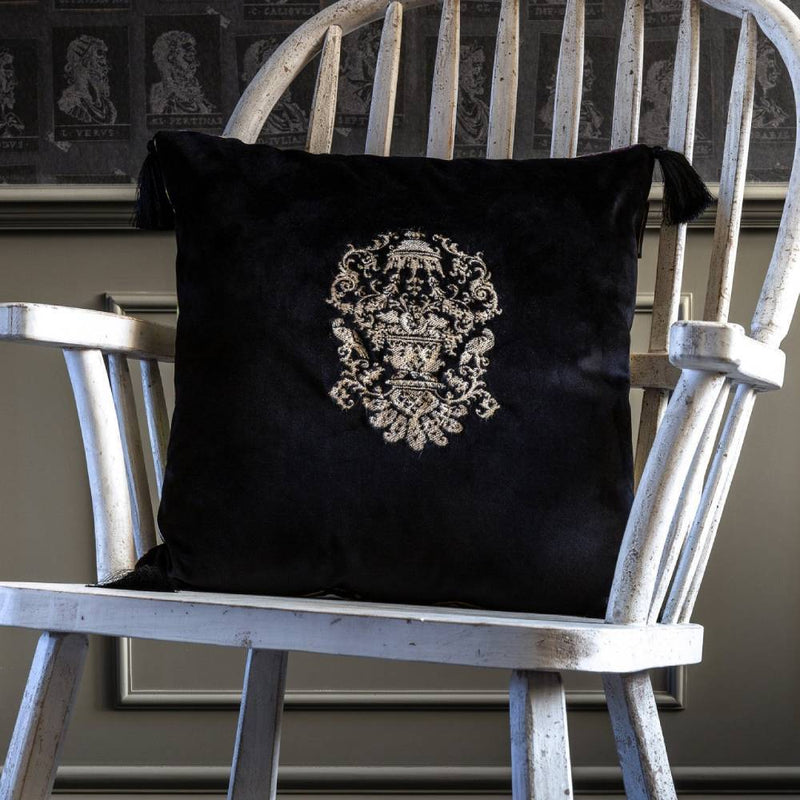 Manor Crest Velvet Embroidered Cushion - MINDTHEGAP
