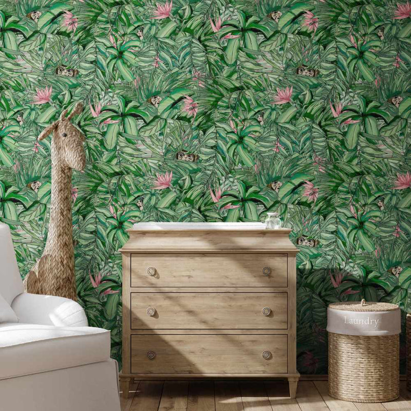 Monkey Forest Wallpaper - Dark Green & Pink - Brand Mckenzie