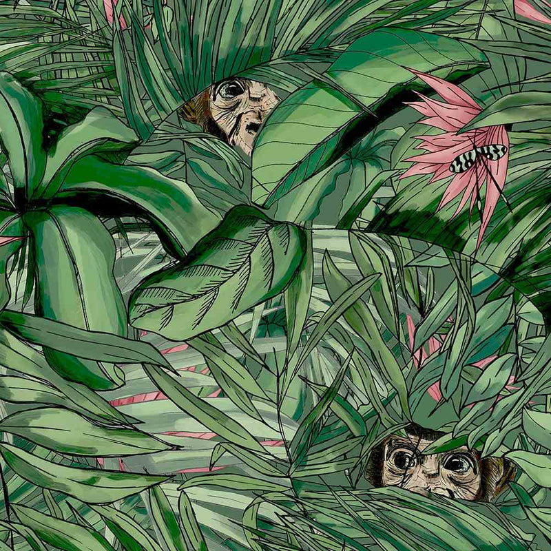 Monkey Forest Wallpaper - Dark Green & Pink - Brand Mckenzie