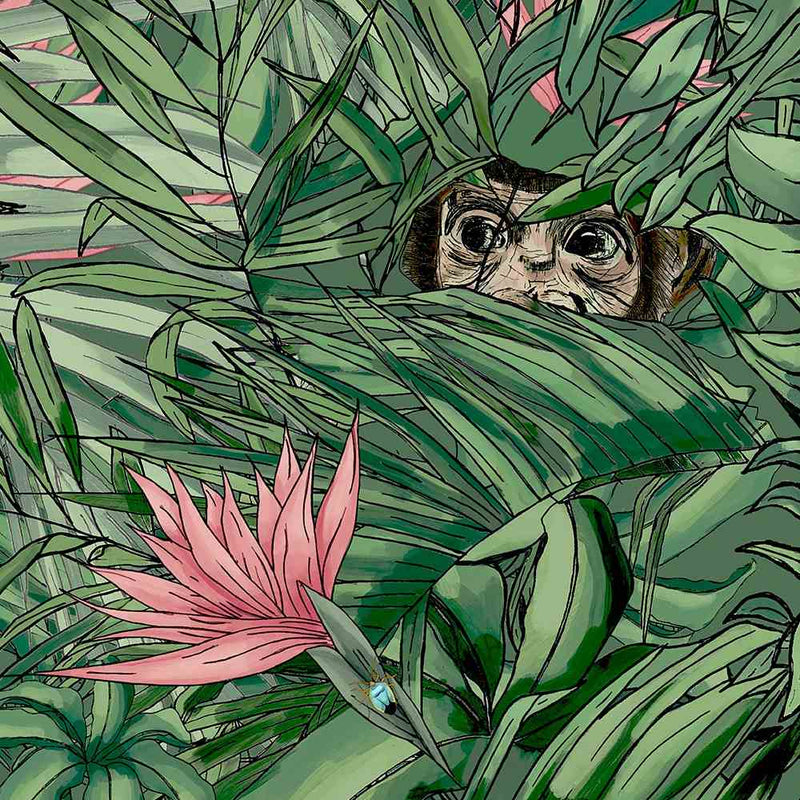 Monkey Forest Wallpaper - Dark Green & Pink - Brand Mckenzie