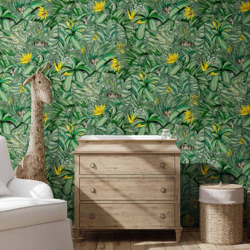 Monkey Forest Wallpaper - Dark Green & Yellow - Brand Mckenzie
