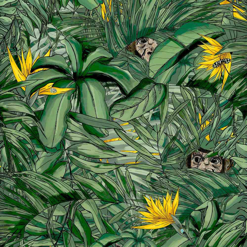Monkey Forest Wallpaper - Dark Green & Yellow - Brand Mckenzie