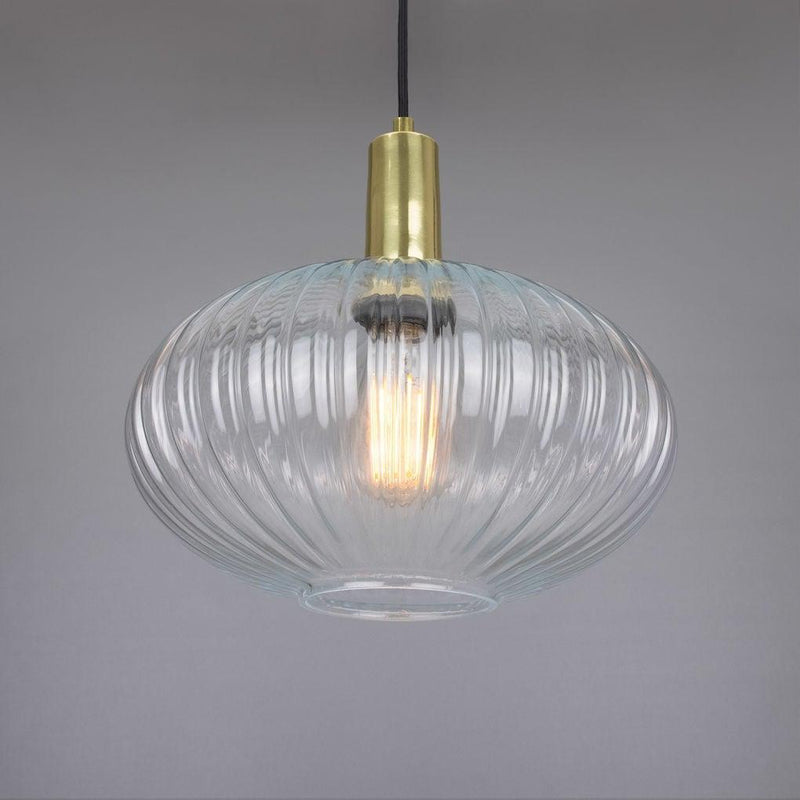 Neith Oval Reeded Glass and Brass Pendant 30cm - Mullan Lighting