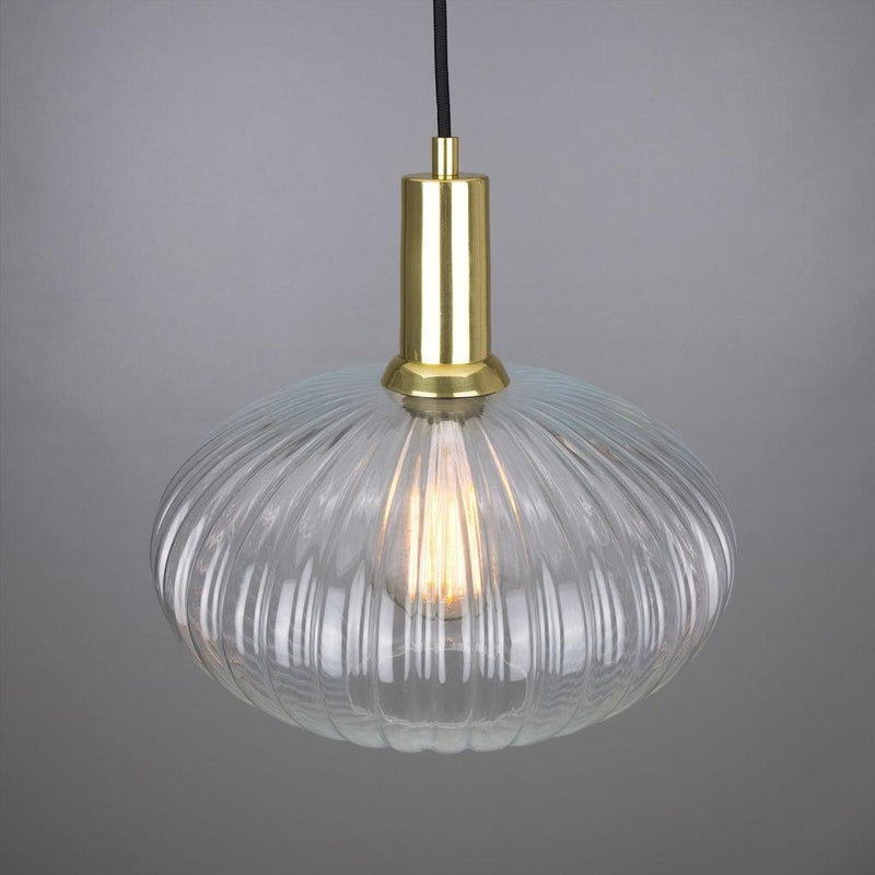 Neith Oval Reeded Glass and Brass Pendant 30cm - Mullan Lighting