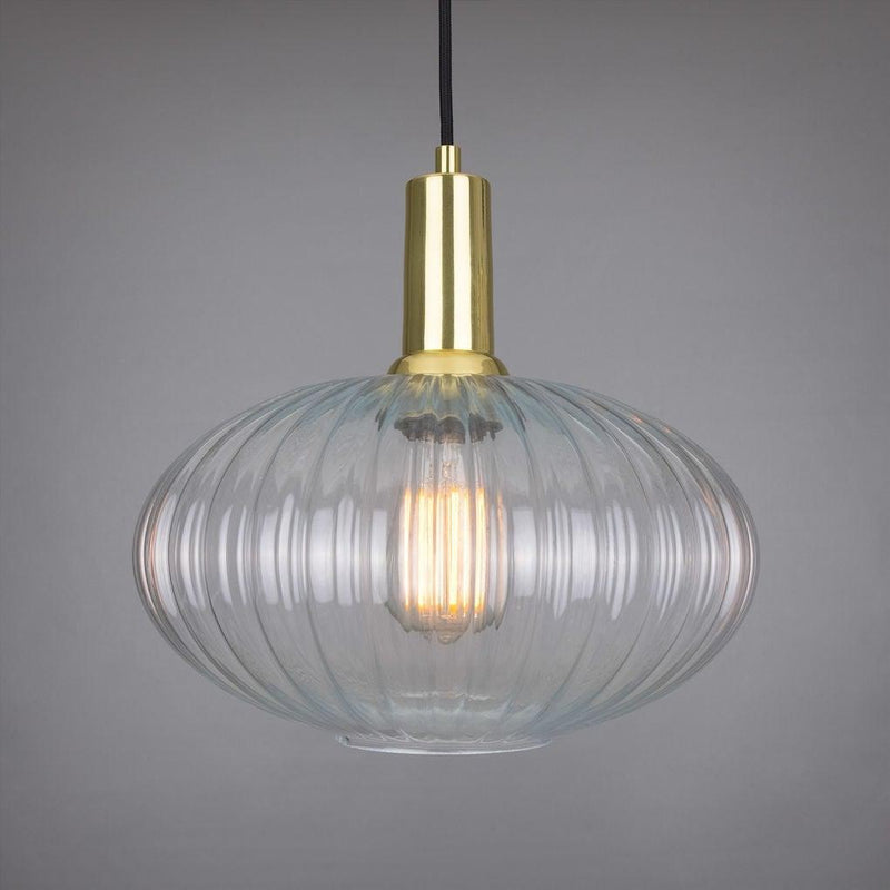 Neith Oval Reeded Glass and Brass Pendant 30cm - Mullan Lighting