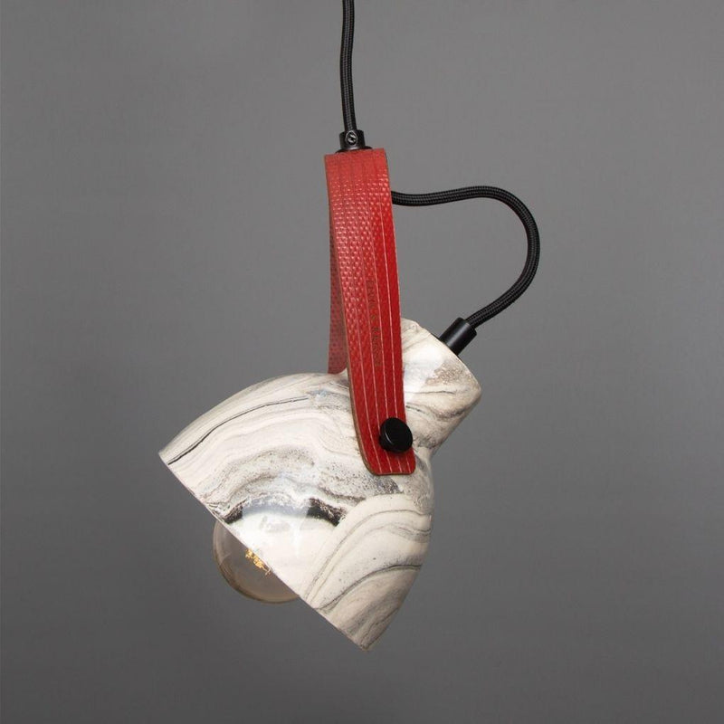 Pera Ceramic Pendant with Rescued Fire Hose Strap - Marbled - Mullan Lighting