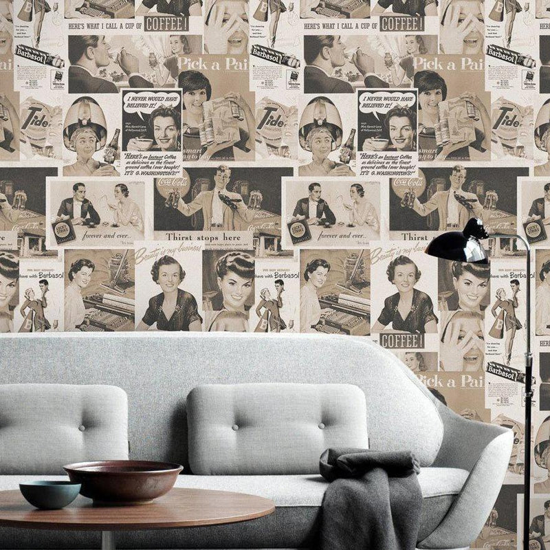 Retro Ads Wallpaper - Set of 3 Rolls - MINDTHEGAP - Sepia