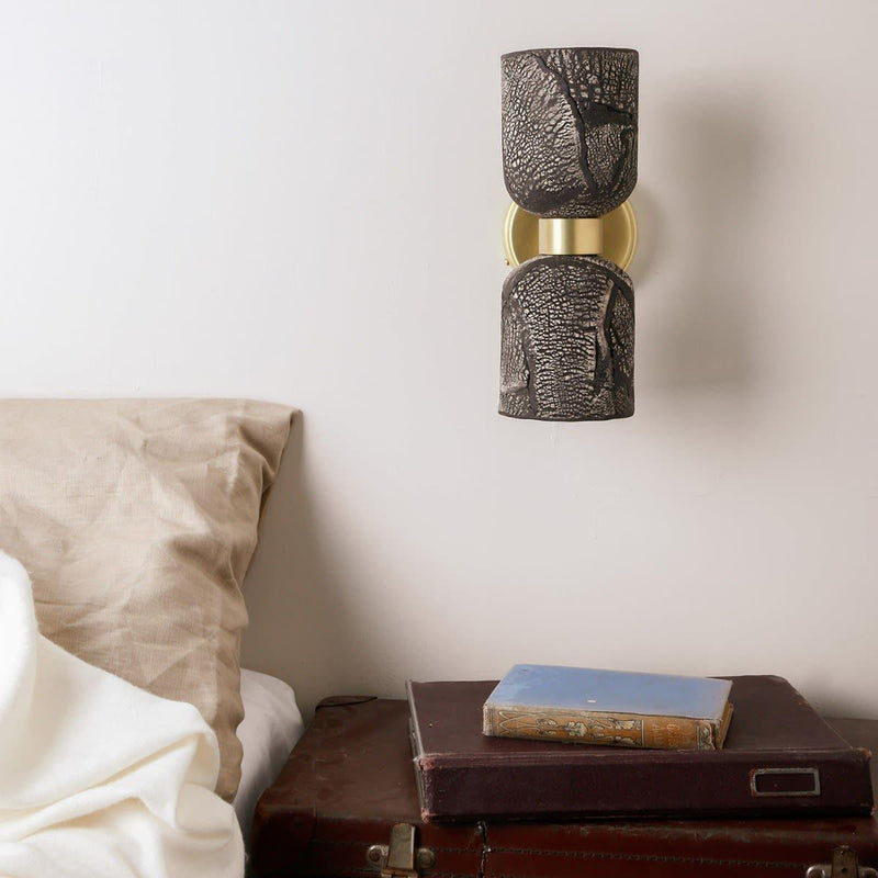 Sakura Double Ceramic & Brass Wall Light - Black Clay - Mullan Lighting