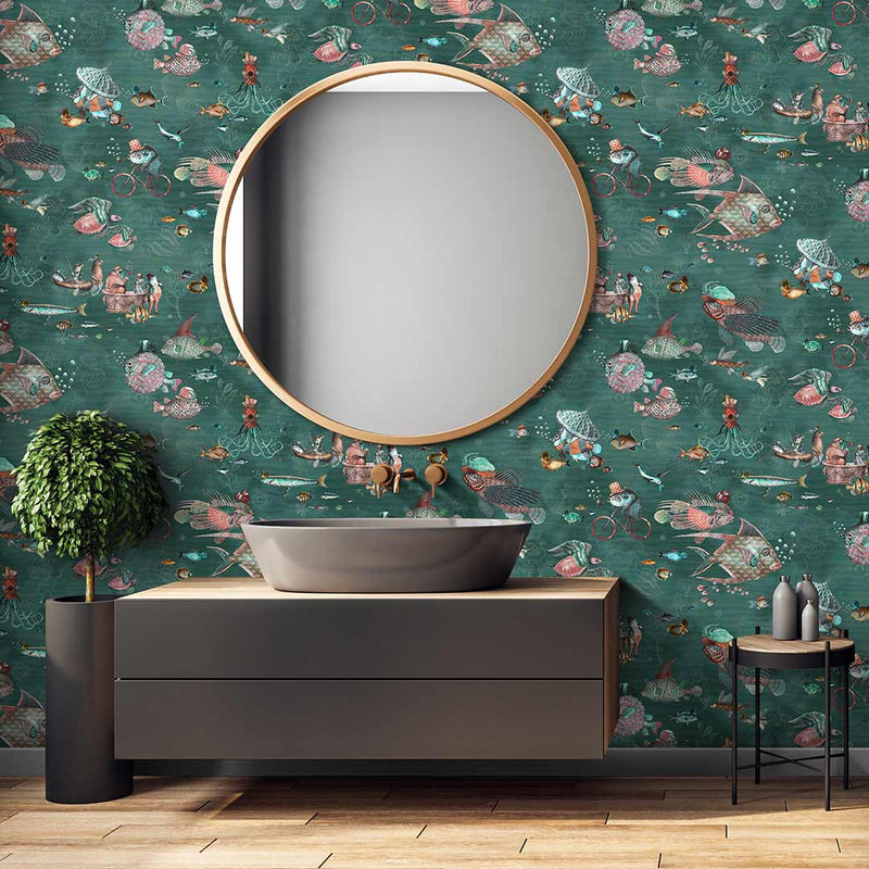 Sea Life Wallpaper - Teal and Coral - Brand Mckenzie