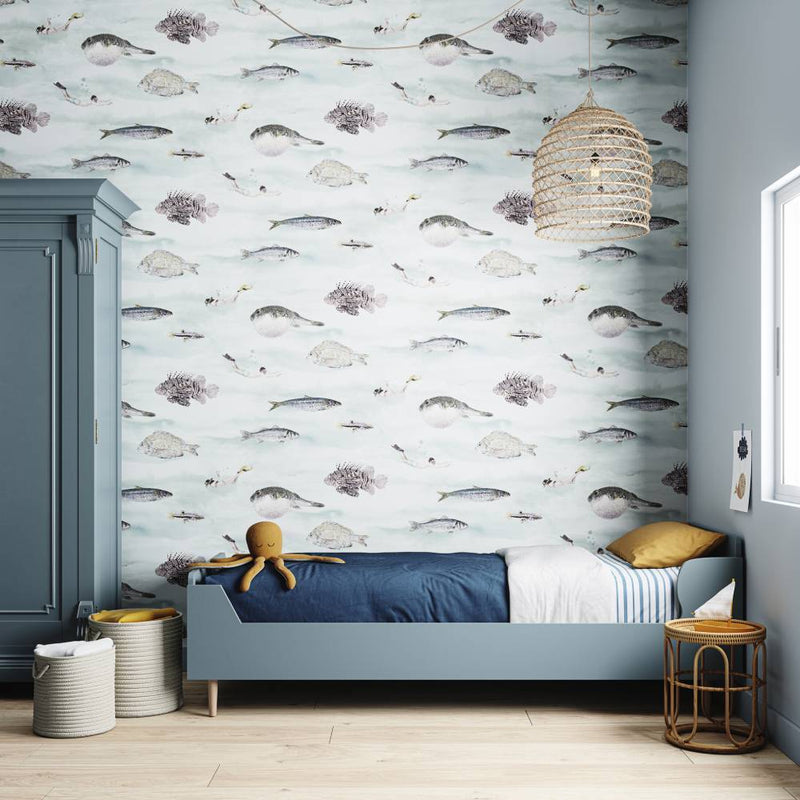 Fish Classic Wallpaper - Blue Green - Sian Zeng