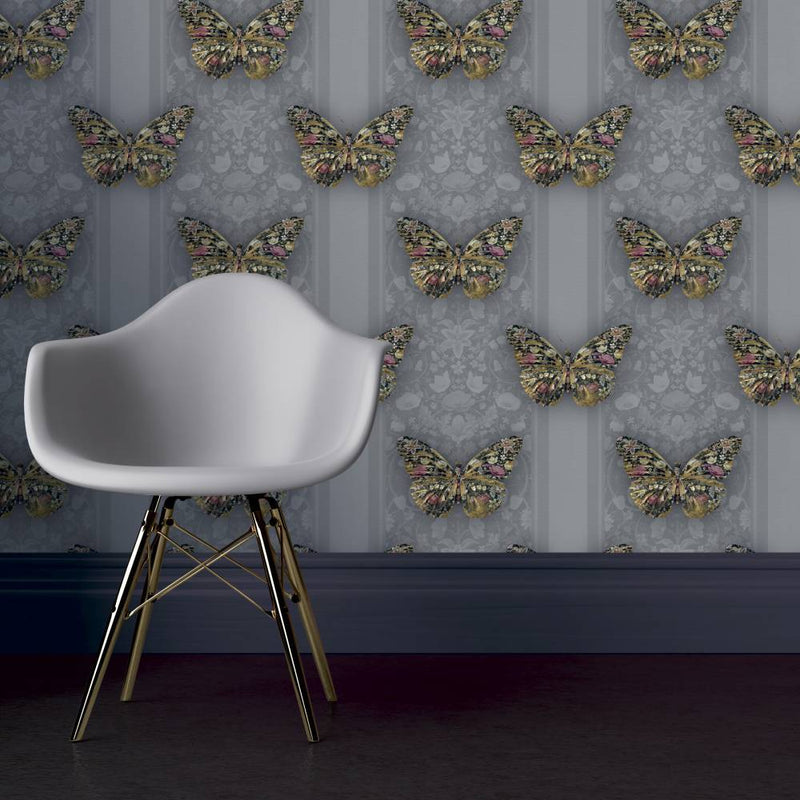 Papilio Botanicus Wallpaper - Grey - Carmine Lake