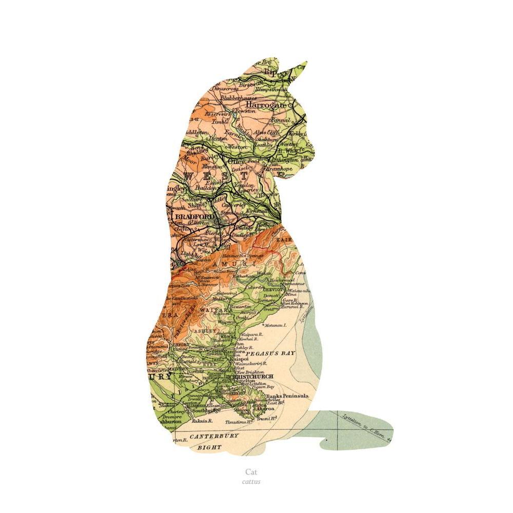 Personalised Vintage Cat Map Print – Lime Lace